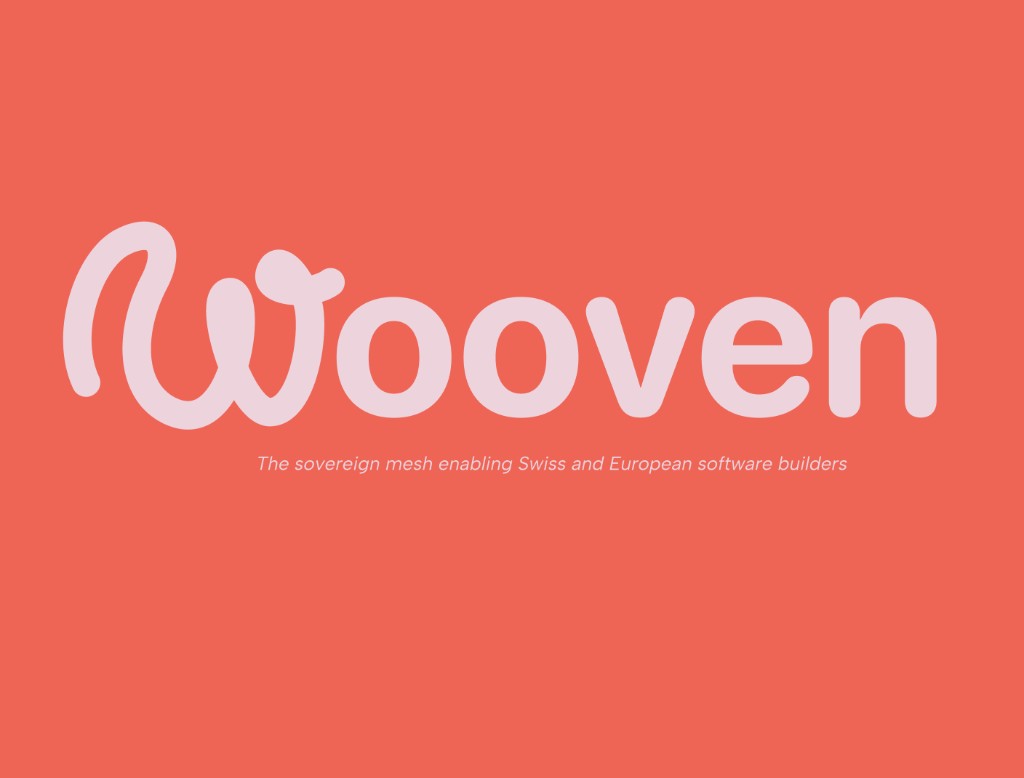 wooven sovereign mesh — brand card with coral background and tagline for Swiss and European software builders
